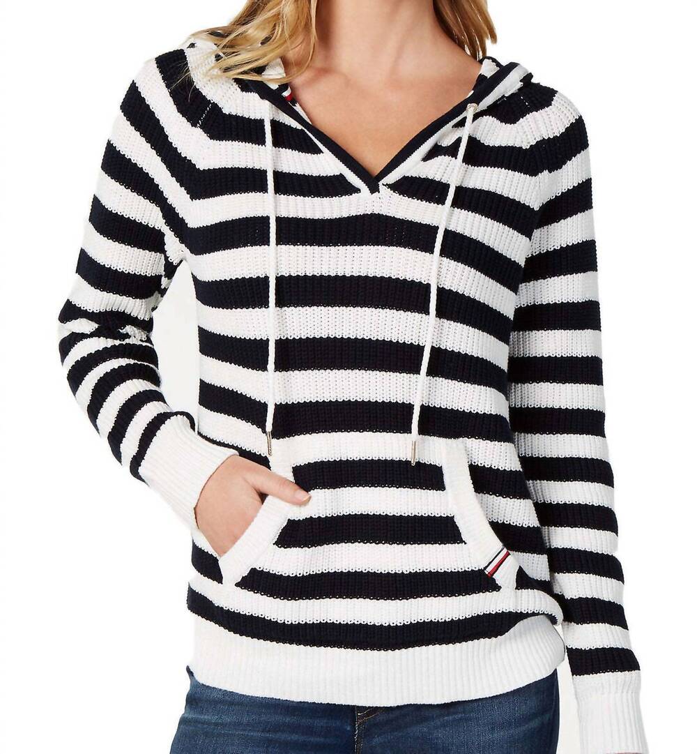 NEW TOMMY HILFIGER cotton striped hooded sweater in ivory/sky captain